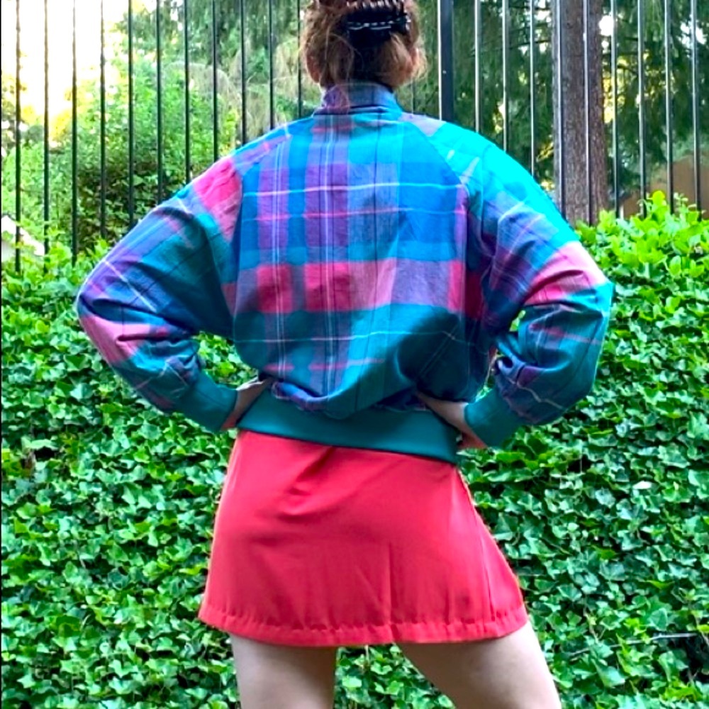 VTG 80’s Head Sportswear Reversible teal PLAID Bomber Jacket Sz M zip-up coat - Picture 4 of 14